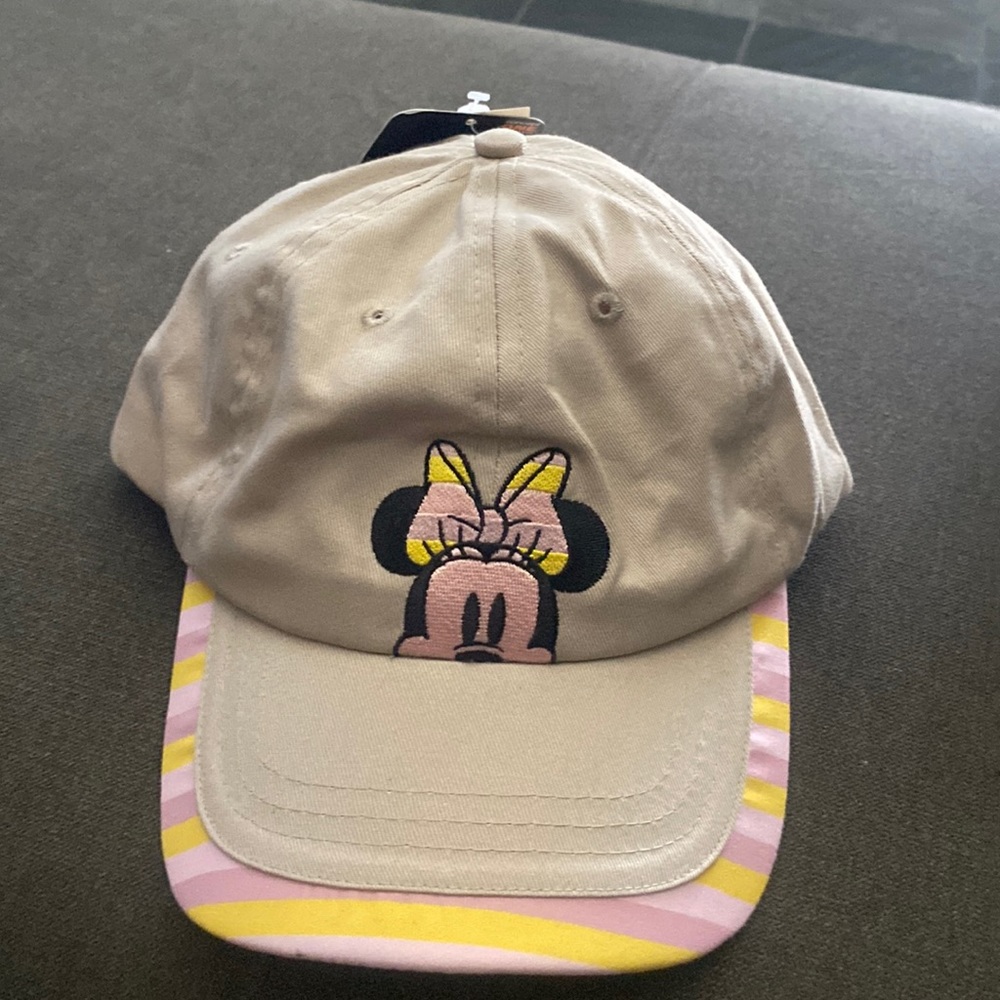 🆕💗💛Disney Minnie Mouse Hat Khaki/Beige with Pink & Yellow Striped Accents